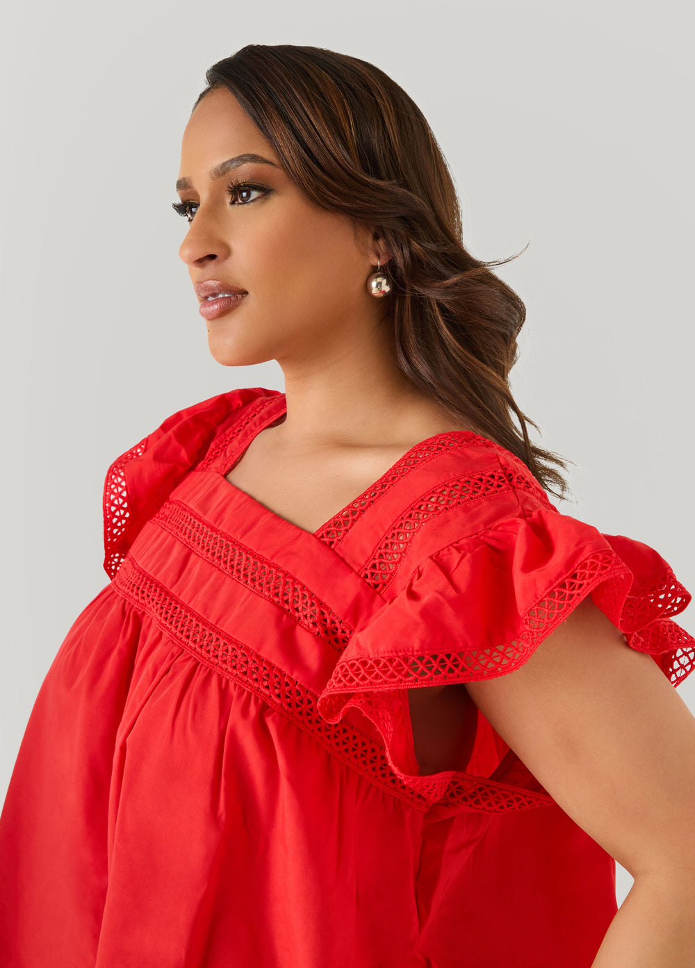 Lattice Trimmed Poplin Shirt Red | Ashley Stewart
