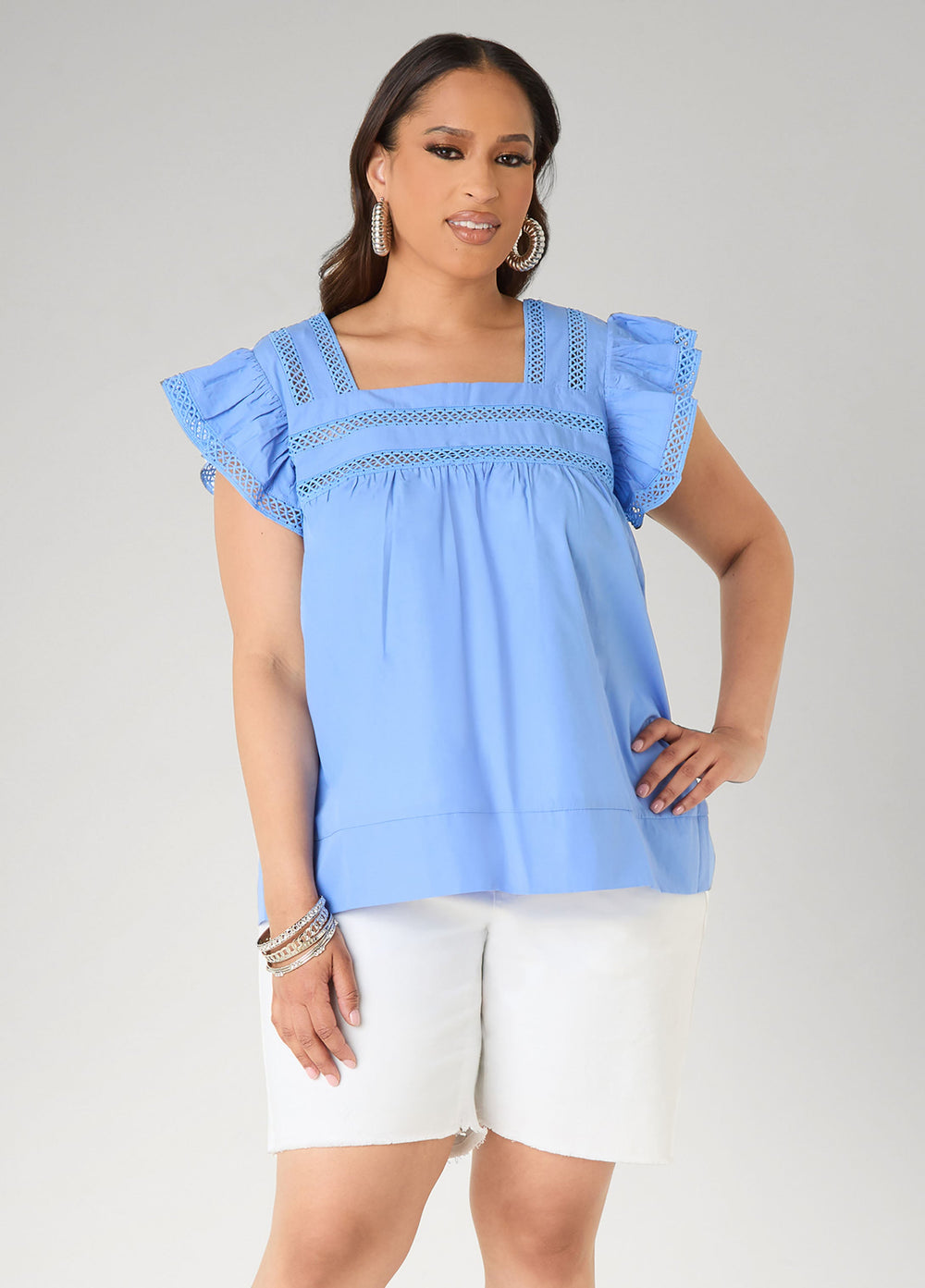 Lattice Trimmed Poplin Shirt Red | Ashley Stewart