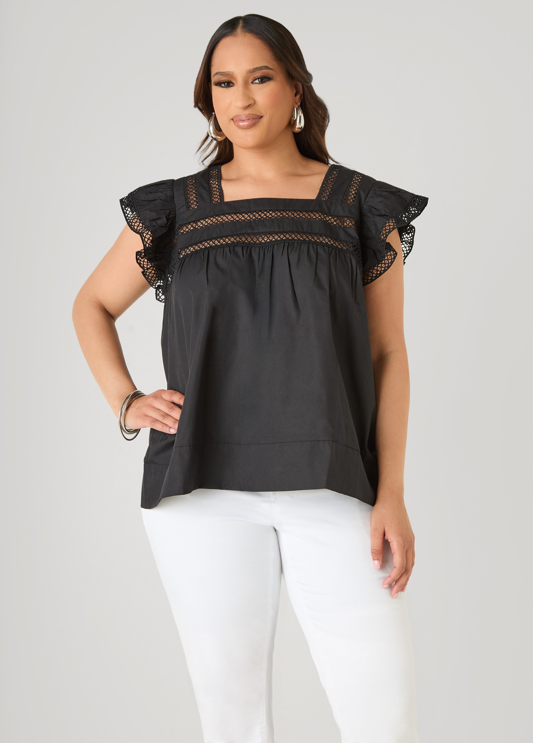 Lattice Trimmed Poplin Shirt Red | Ashley Stewart