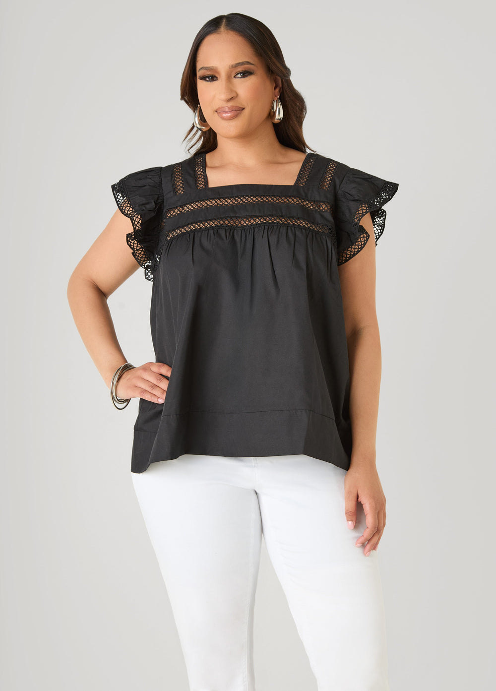 Lattice Trimmed Poplin Shirt Red | Ashley Stewart