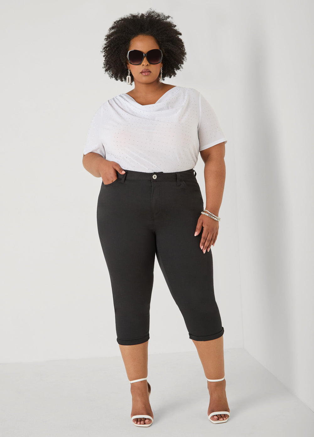 Crystal Cowl Neck Mesh Top White | Ashley Stewart