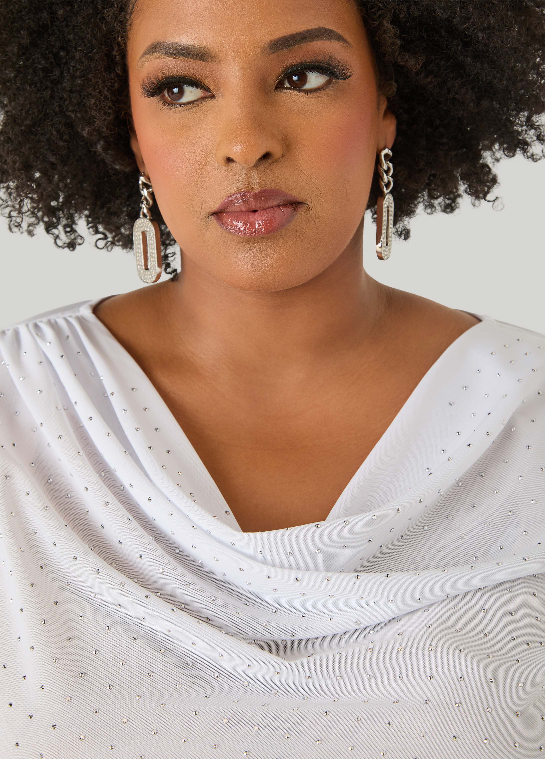 Crystal Cowl Neck Mesh Top White | Ashley Stewart