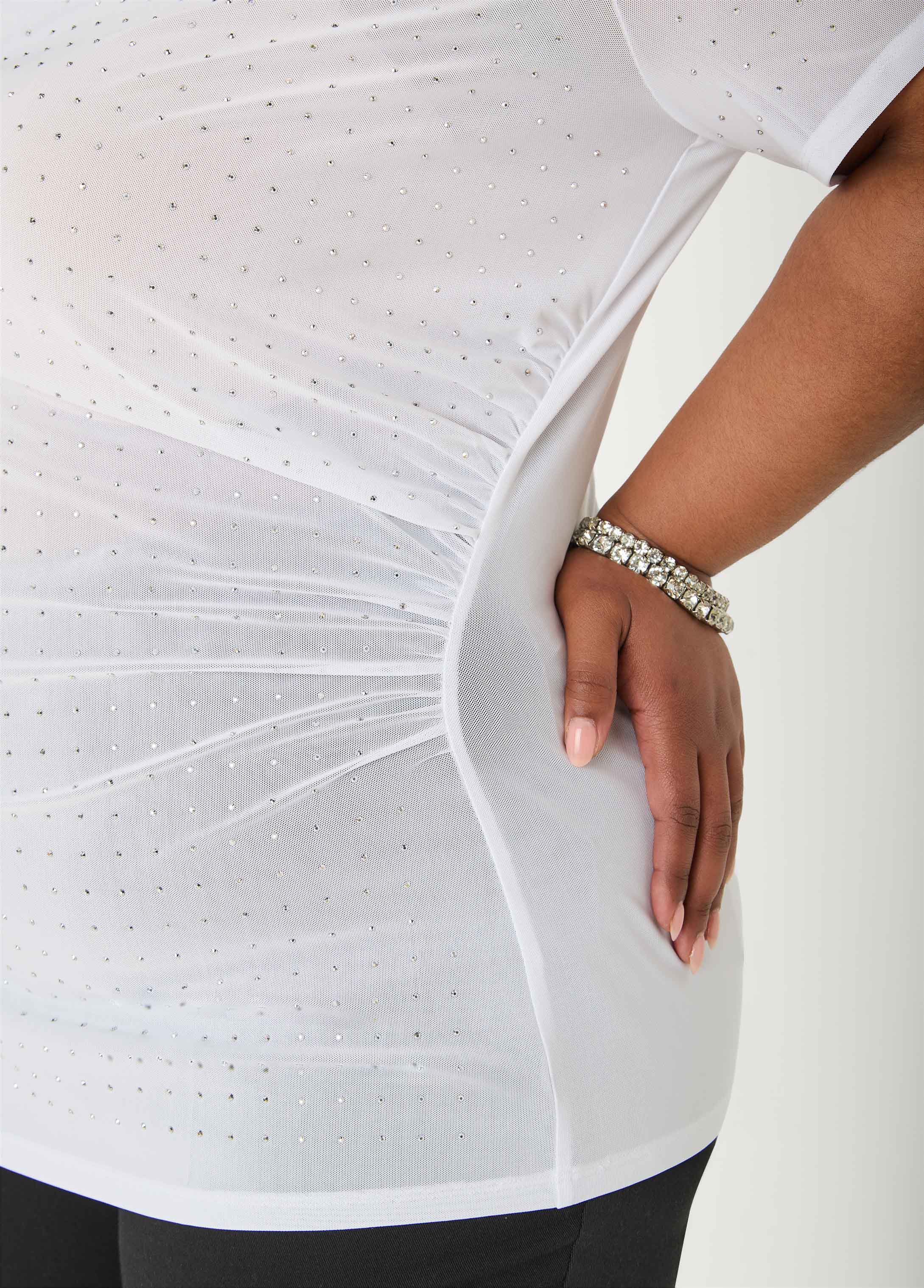 Crystal Cowl Neck Mesh Top White | Ashley Stewart