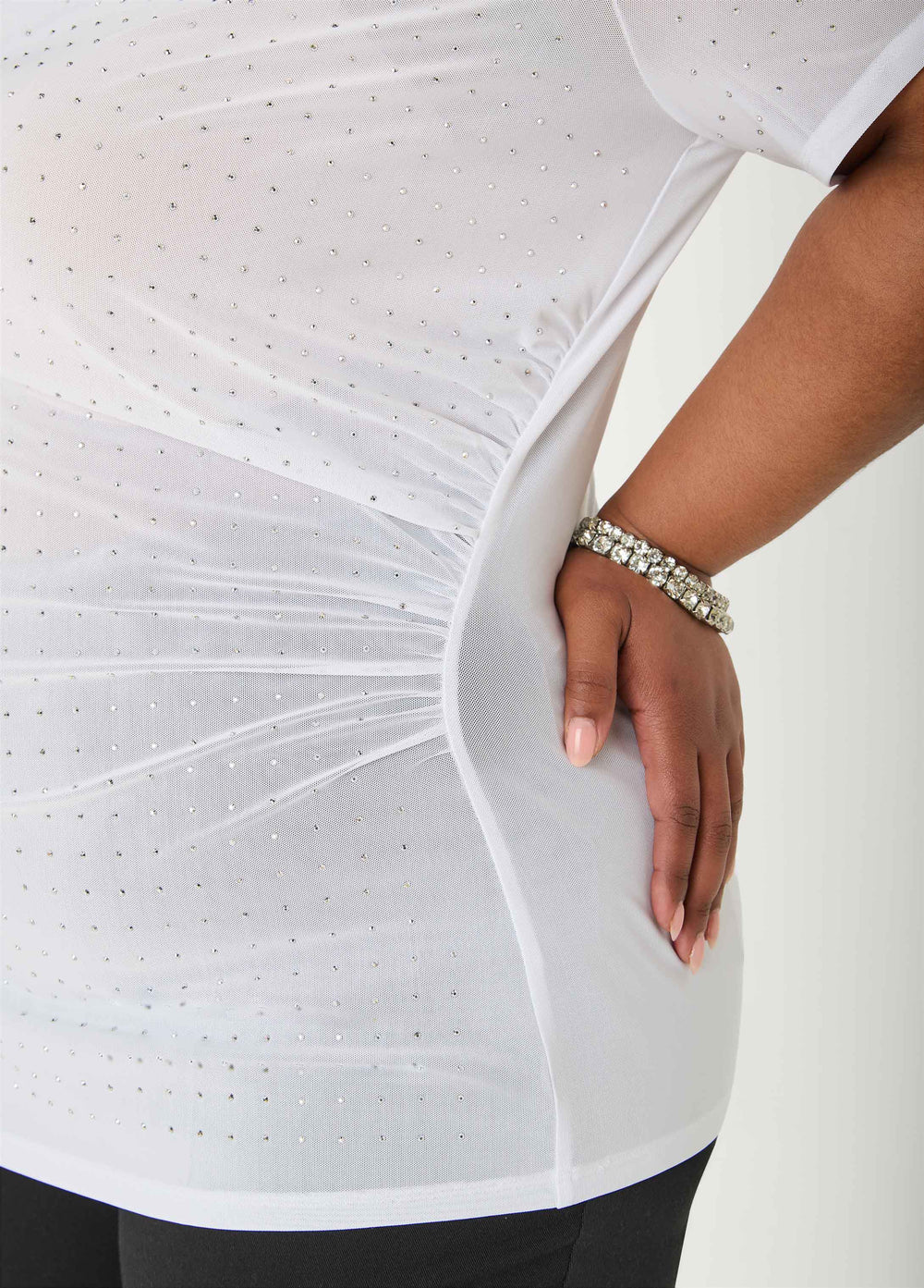 Crystal Cowl Neck Mesh Top White | Ashley Stewart