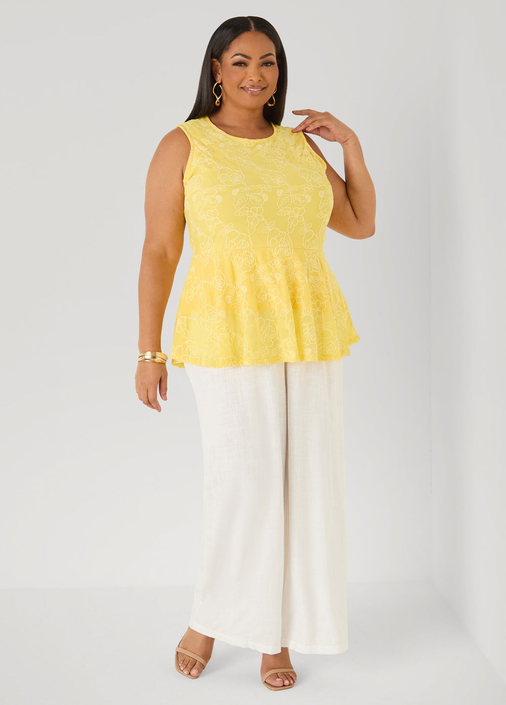 Floral Embroidered Peplum Top Primrose Yellow | Ashley Stewart