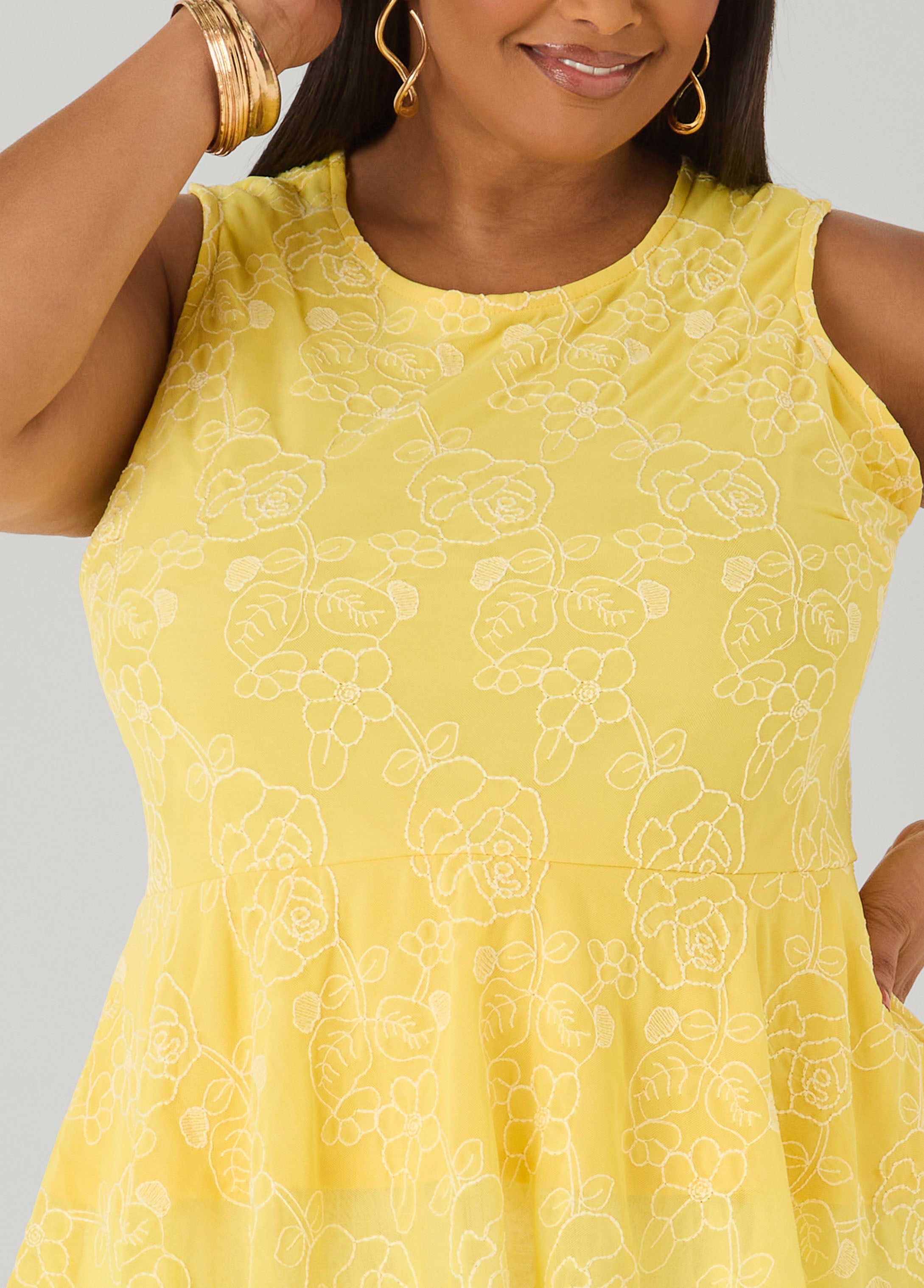 Floral Embroidered Peplum Top Primrose Yellow | Ashley Stewart