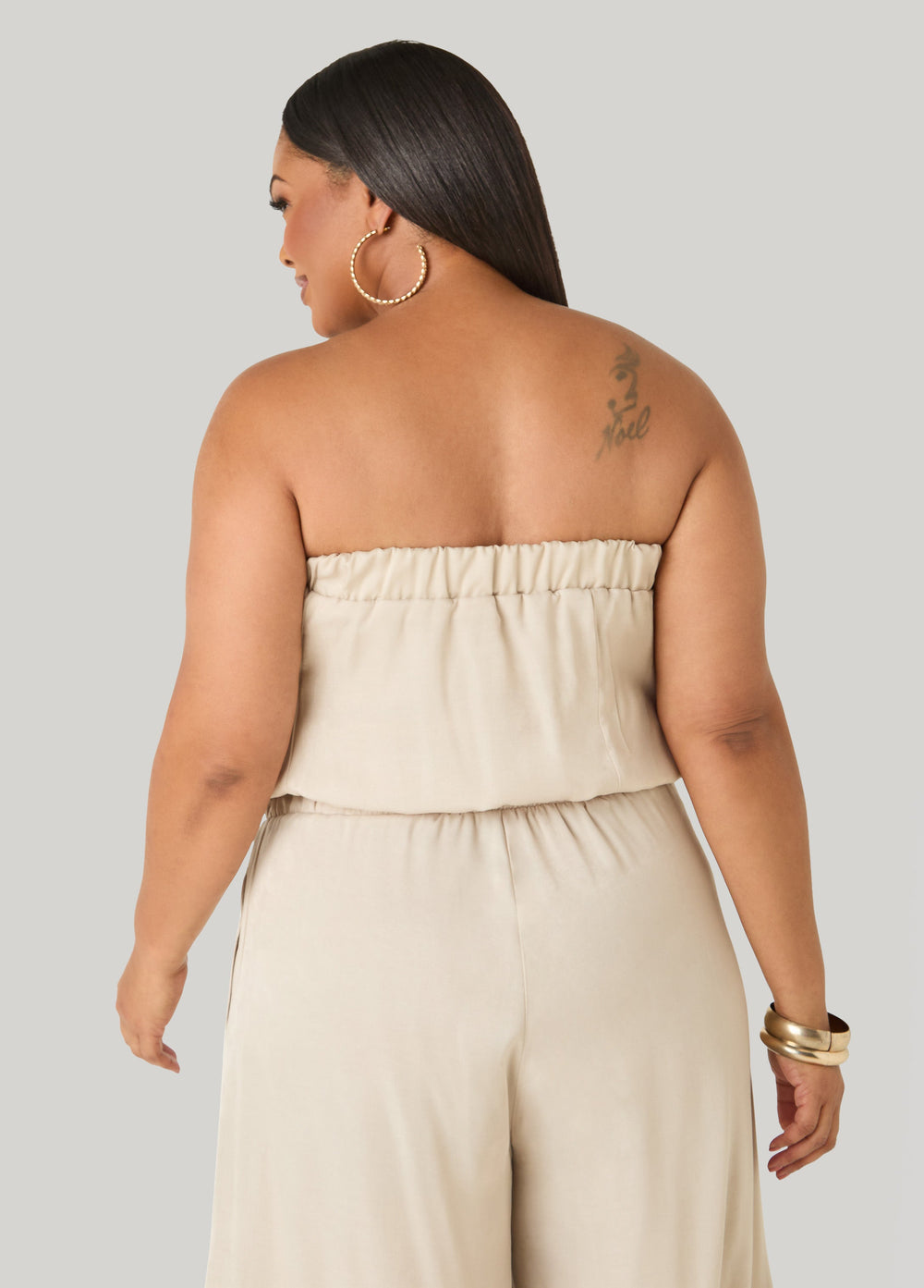 Plus Size Bubble Tube Top | Strapless Cropped Bandeau in Sage, Chambray & Beige Indigo | Ashley Stewart