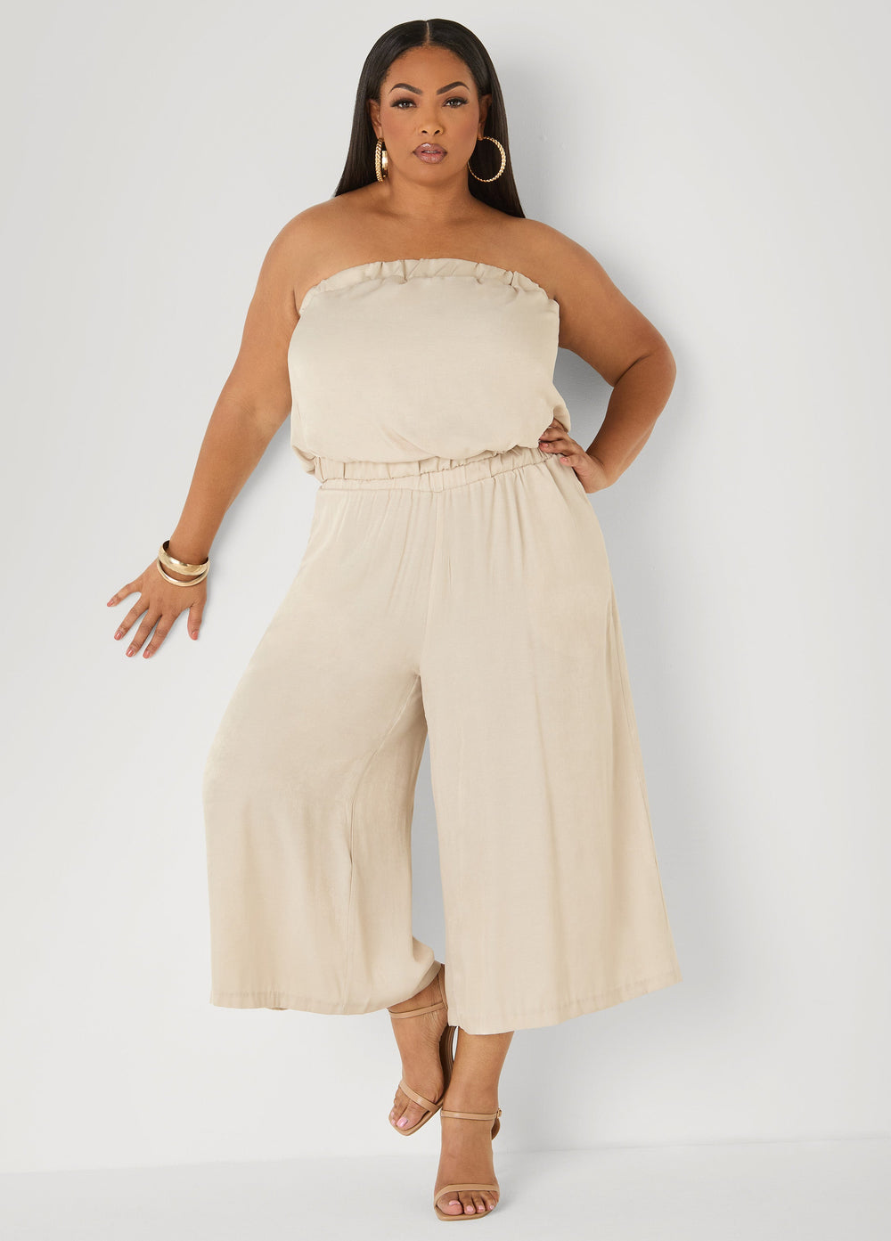 Plus Size Bubble Tube Top | Strapless Cropped Bandeau in Sage, Chambray & Beige Indigo | Ashley Stewart