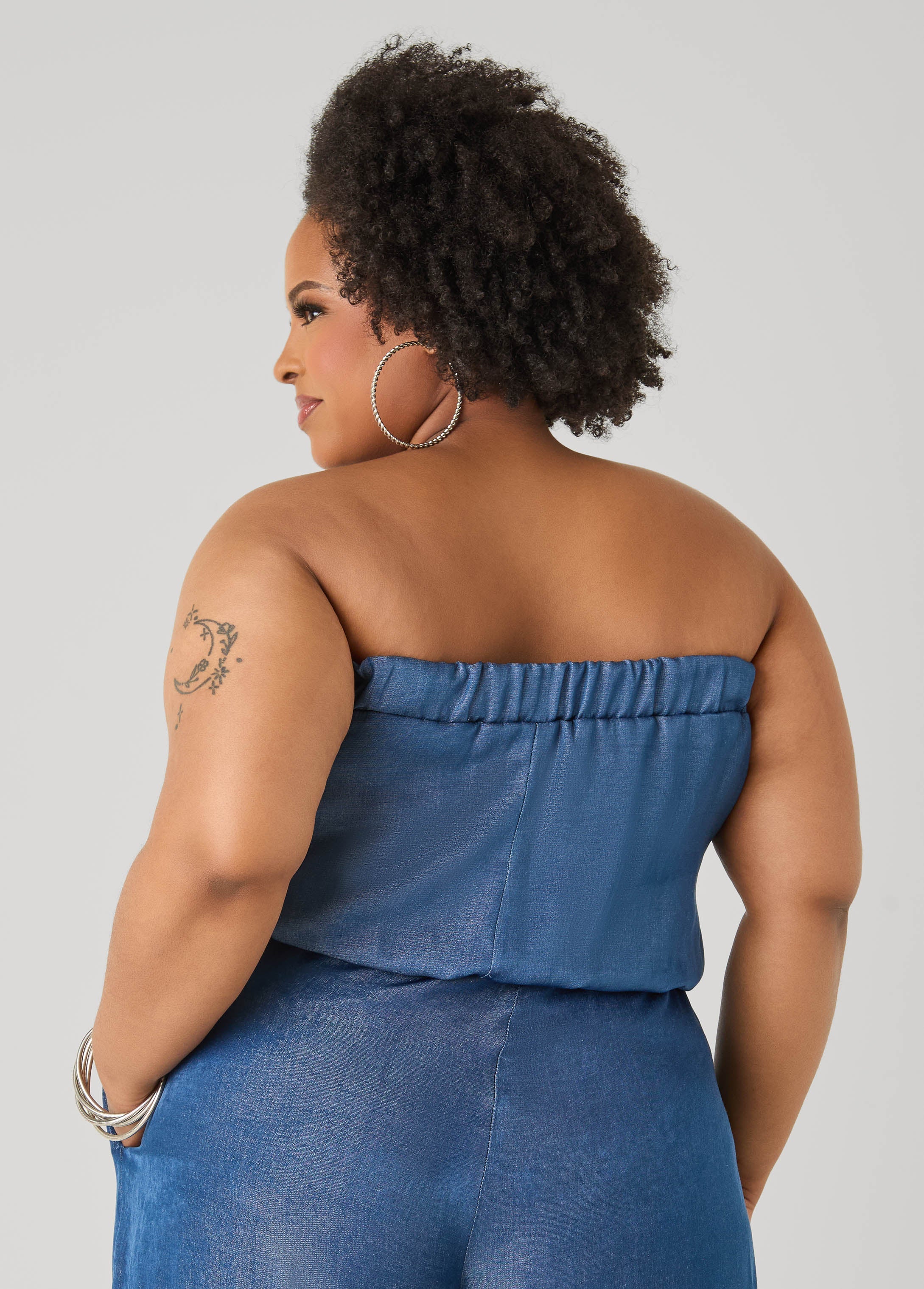 Plus Size Bubble Tube Top | Strapless Cropped Bandeau in Sage, Chambray & Beige Indigo | Ashley Stewart