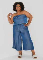 Plus Size Bubble Tube Top | Strapless Cropped Bandeau in Sage, Chambray & Beige Indigo | Ashley Stewart