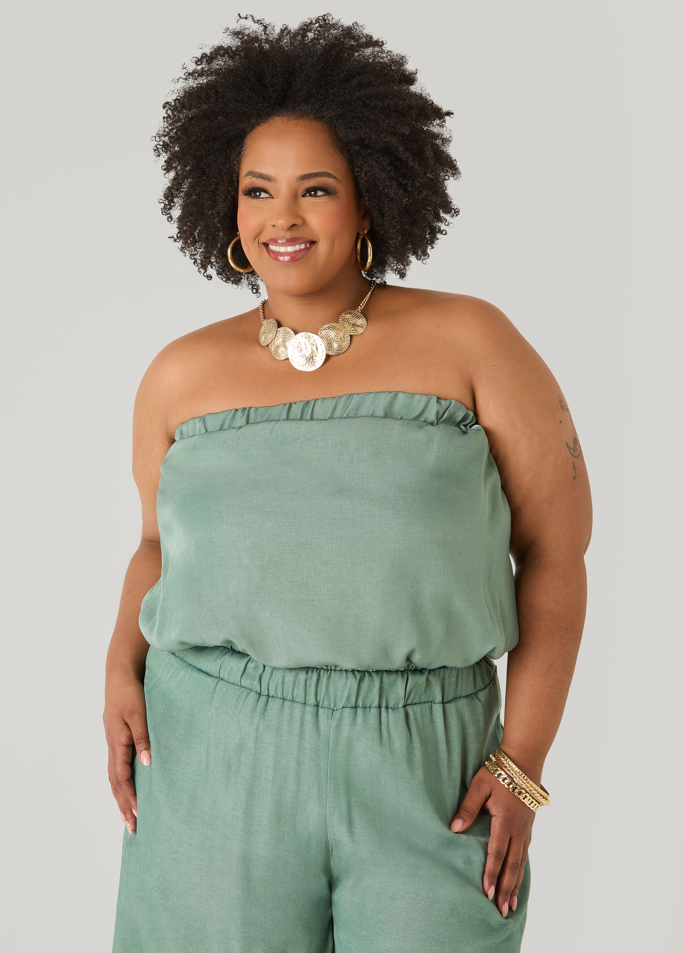 Plus Size Bubble Tube Top | Strapless Cropped Bandeau in Sage, Chambray & Beige Indigo | Ashley Stewart