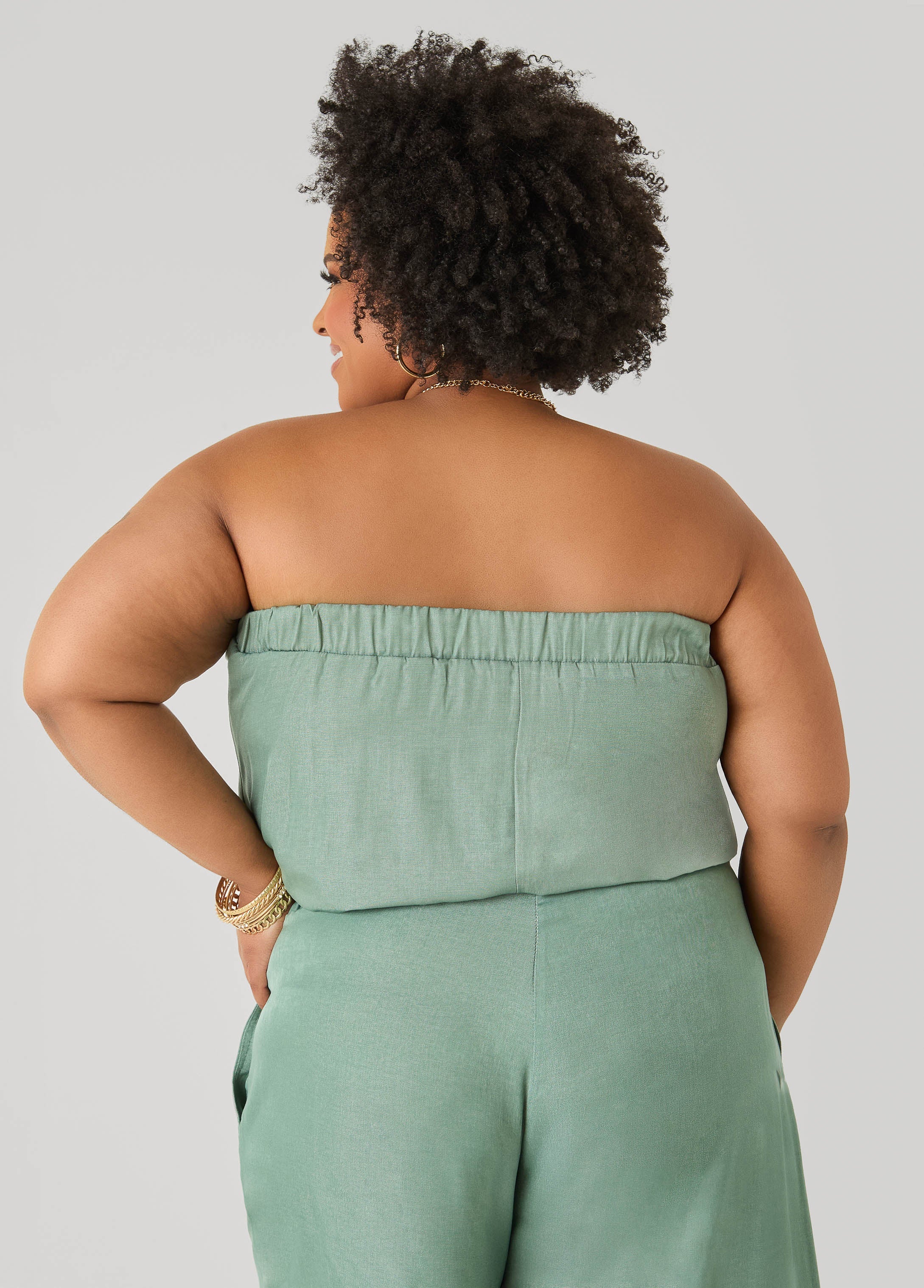 Plus Size Bubble Tube Top | Strapless Cropped Bandeau in Sage, Chambray & Beige Indigo | Ashley Stewart
