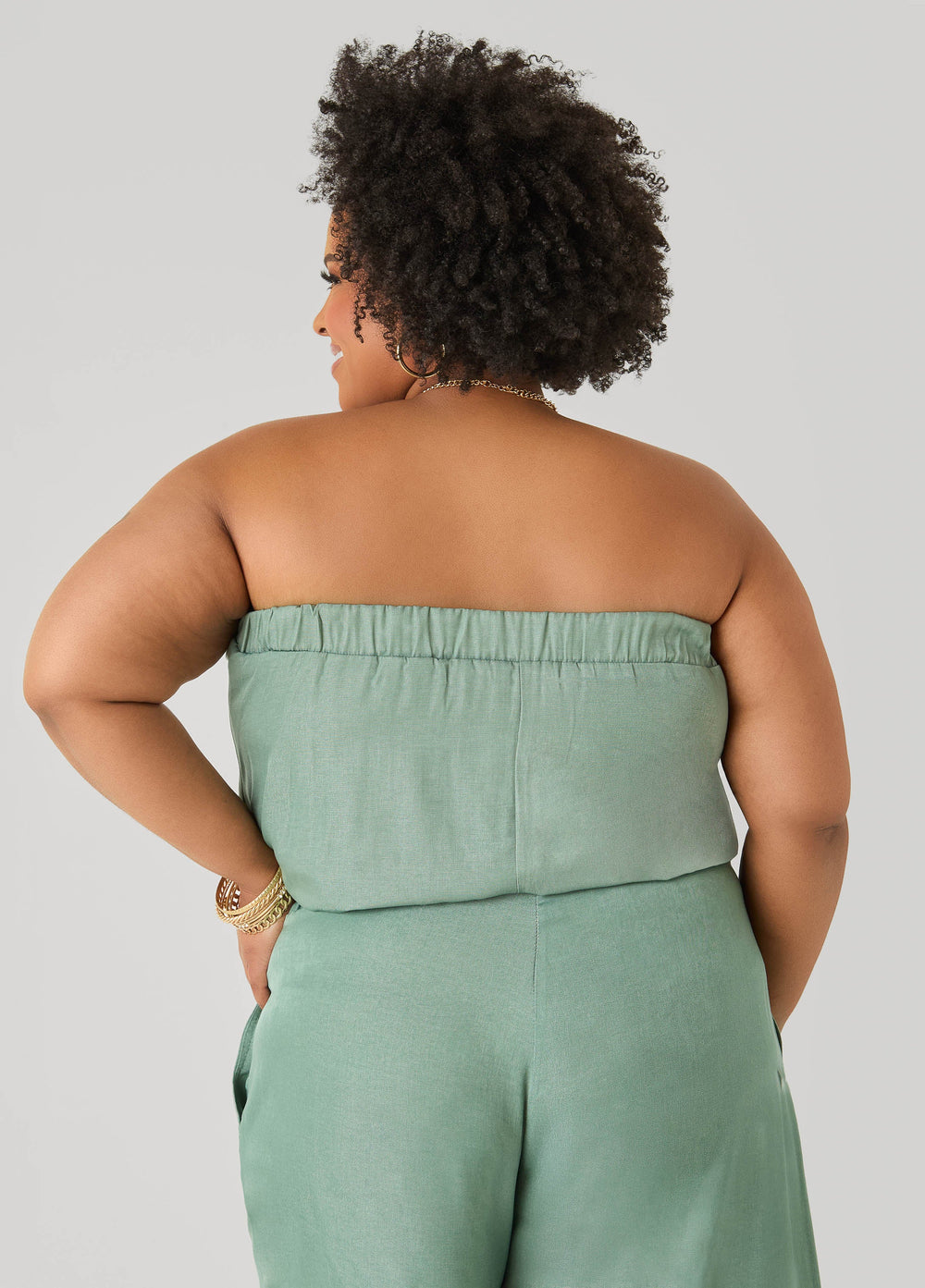 Plus Size Bubble Tube Top | Strapless Cropped Bandeau in Sage, Chambray & Beige Indigo | Ashley Stewart