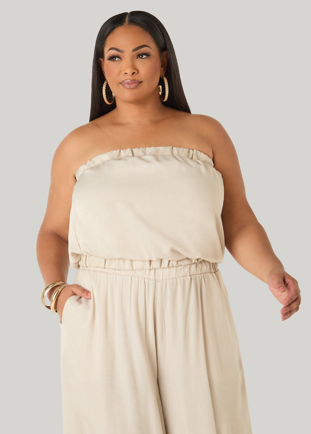 Plus Size Bubble Tube Top | Strapless Cropped Bandeau in Sage, Chambray & Beige Indigo | Ashley Stewart