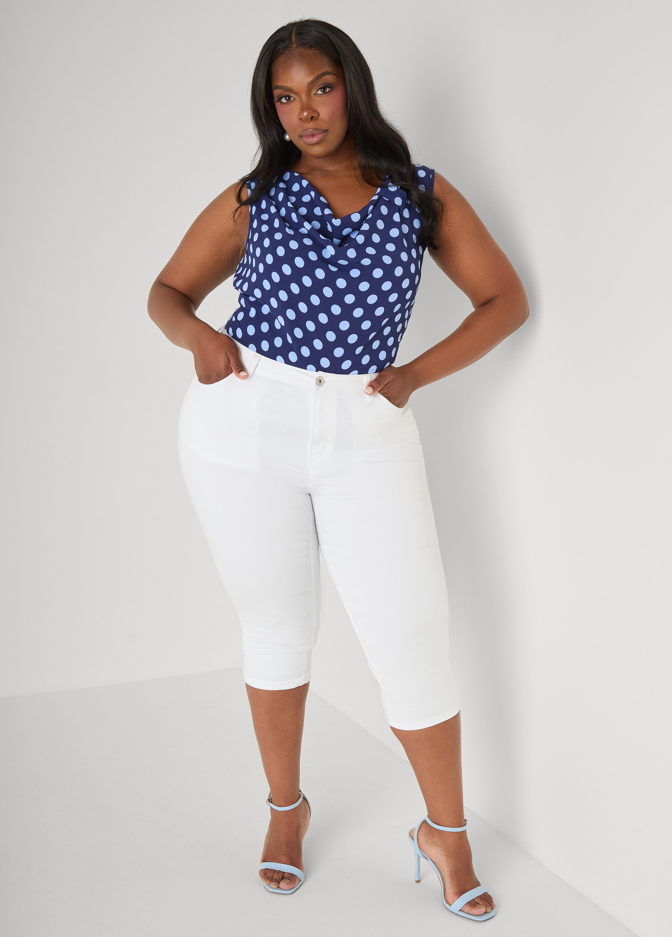 Polka Dot Cowl Neck Top Navy | Ashley Stewart