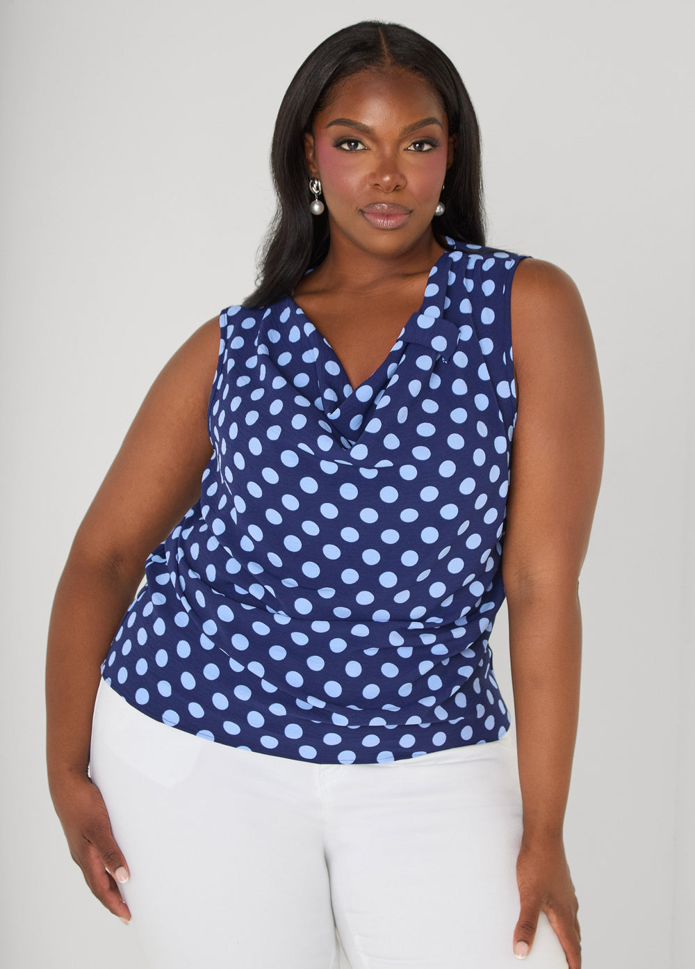 Polka Dot Cowl Neck Top Navy | Ashley Stewart