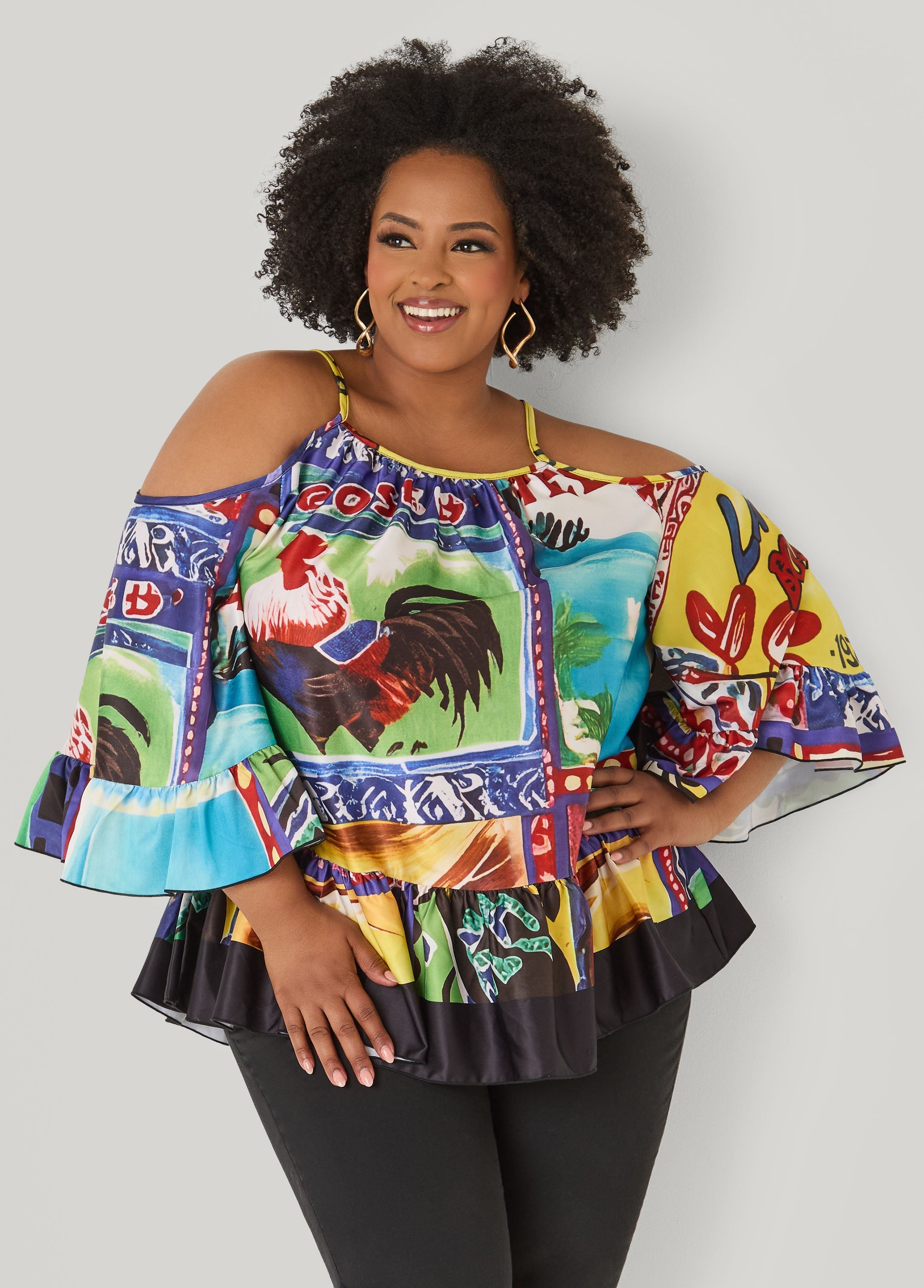 Printed Satin Cold Shoulder Blouse Multi | Ashley Stewart