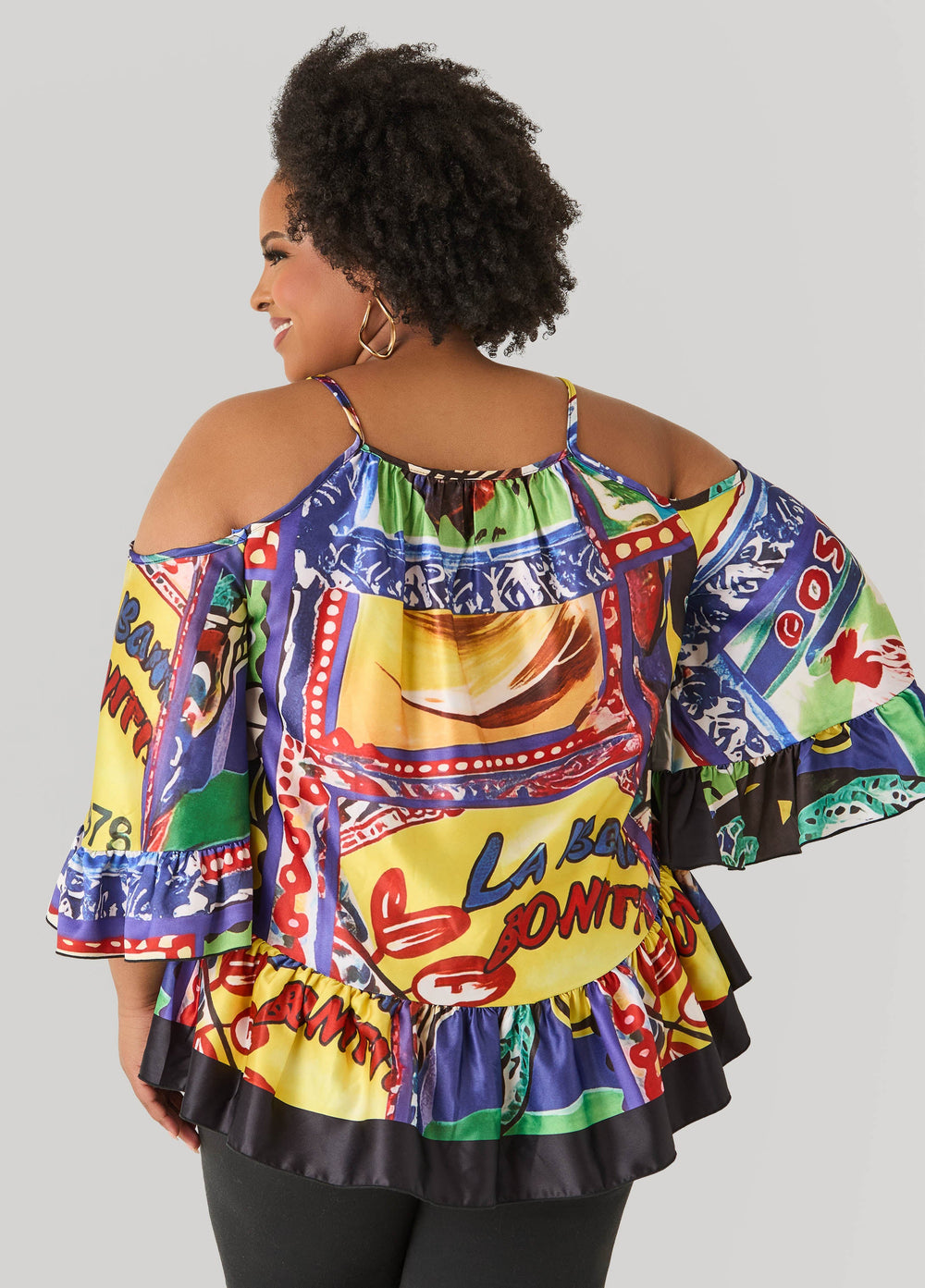 Printed Satin Cold Shoulder Blouse Multi | Ashley Stewart