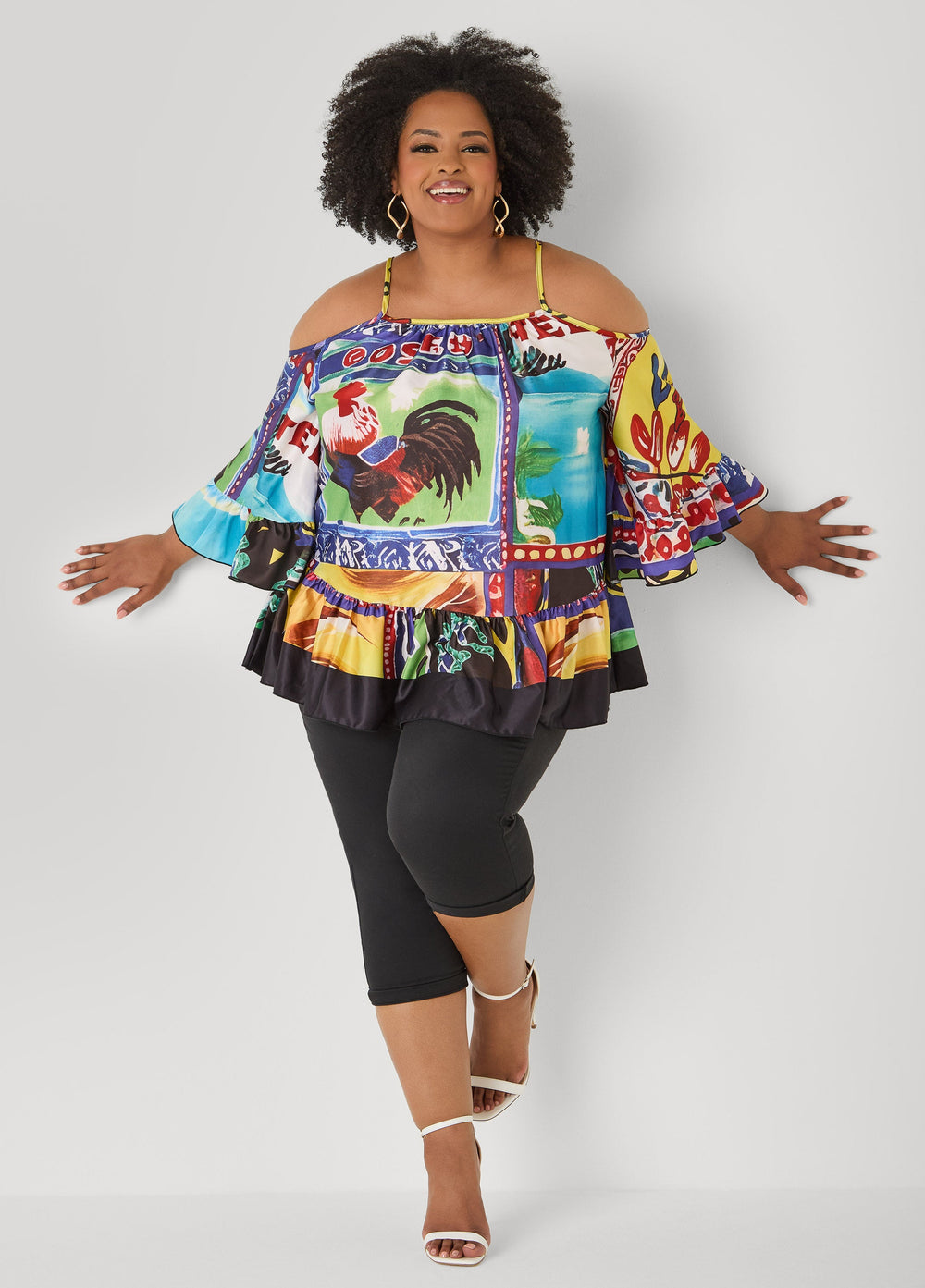 Printed Satin Cold Shoulder Blouse Multi | Ashley Stewart