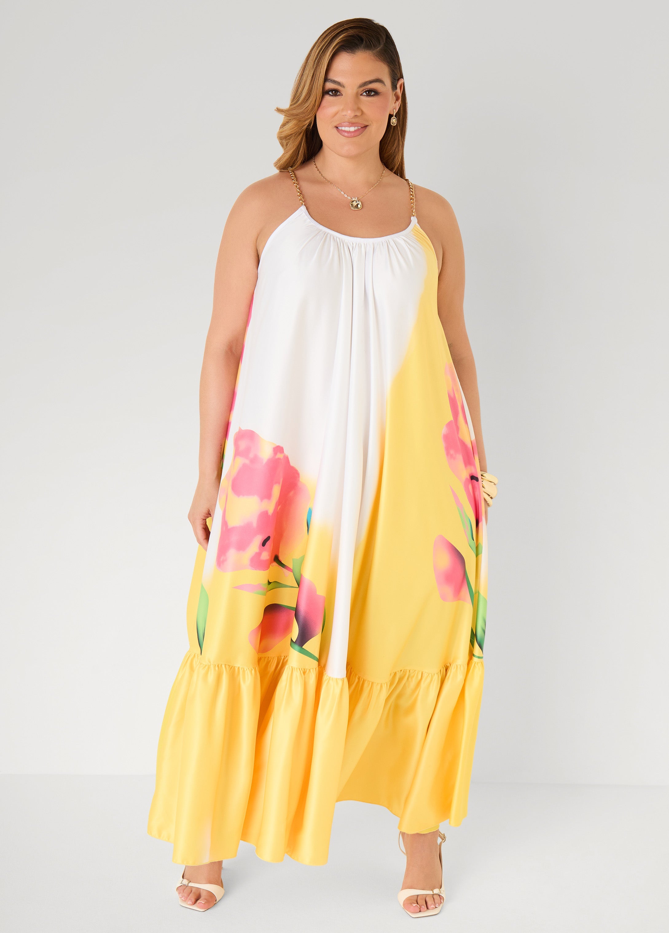Chain Trimmed Floral Maxi Dress Primrose Yellow | Ashley Stewart