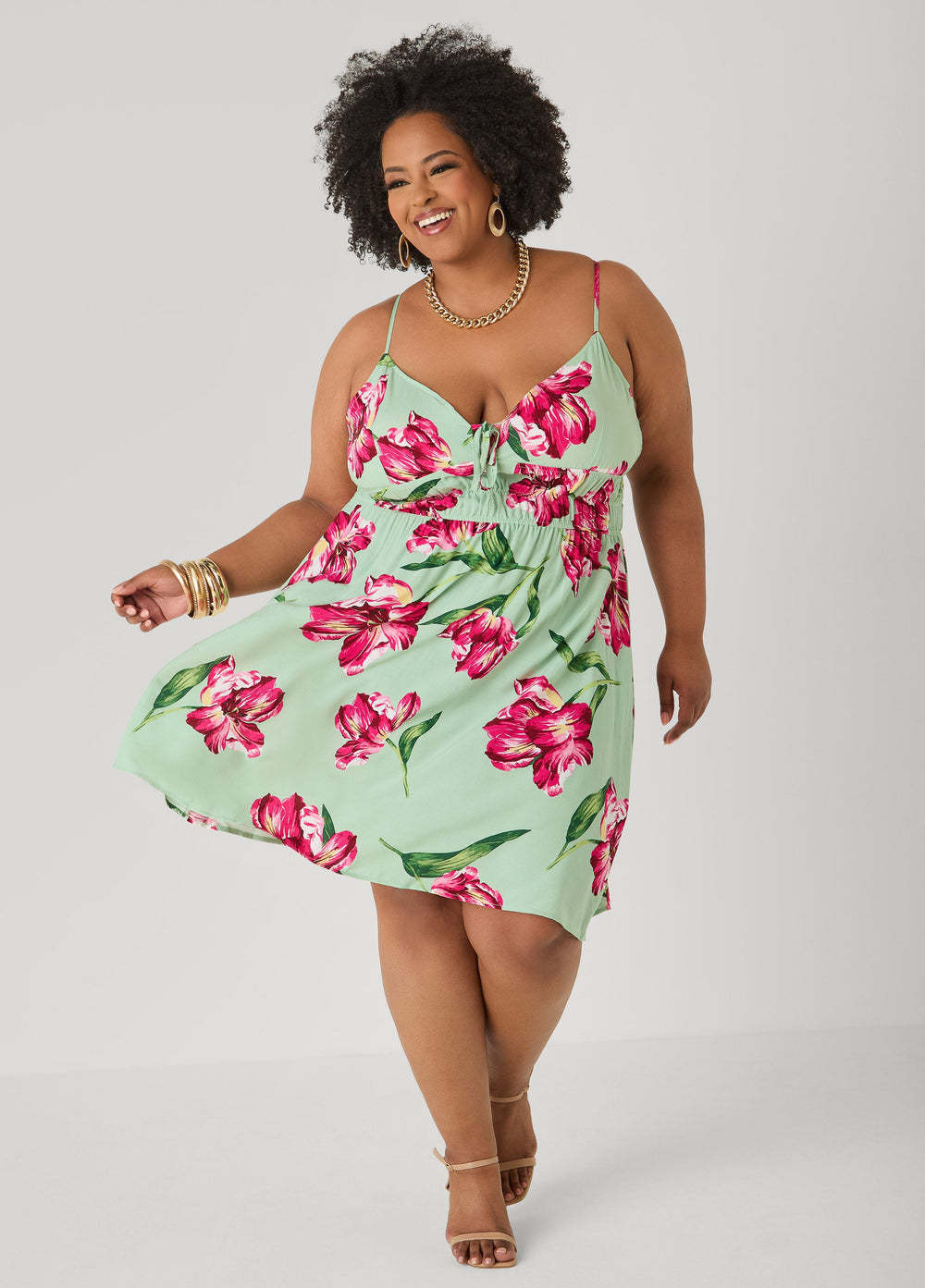 Tie Front Floral Print Dress Seafoam | Ashley Stewart