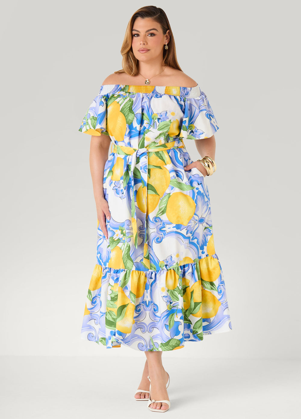 Off The Shoulder Lemon Print Dress Victoria Blue | Ashley Stewart