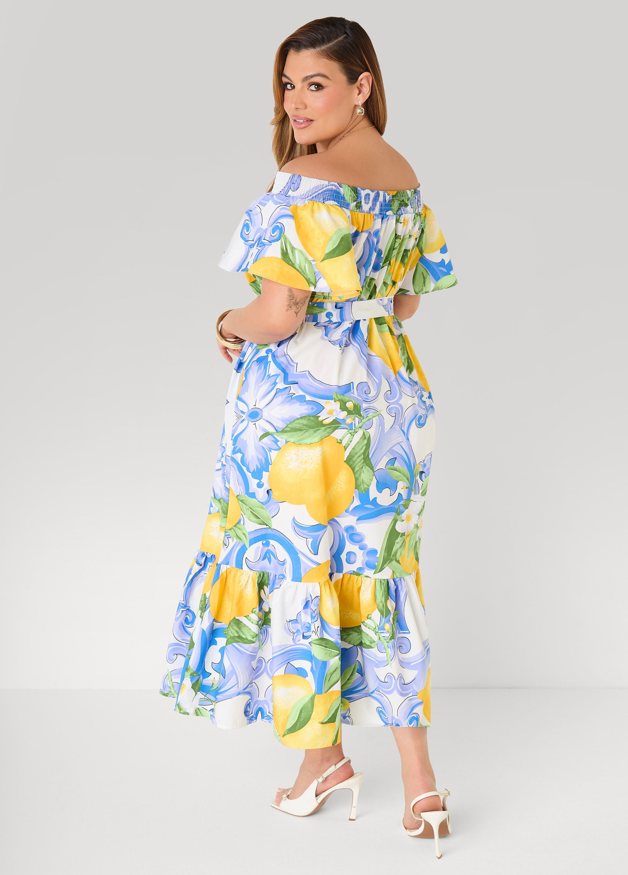 Off The Shoulder Lemon Print Dress Victoria Blue | Ashley Stewart