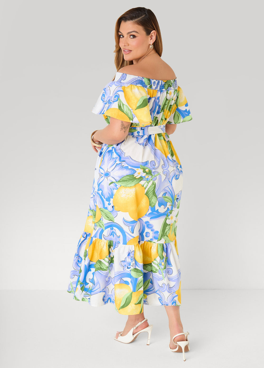 Off The Shoulder Lemon Print Dress Victoria Blue | Ashley Stewart