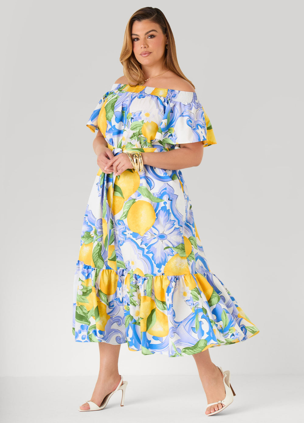Off The Shoulder Lemon Print Dress Victoria Blue | Ashley Stewart