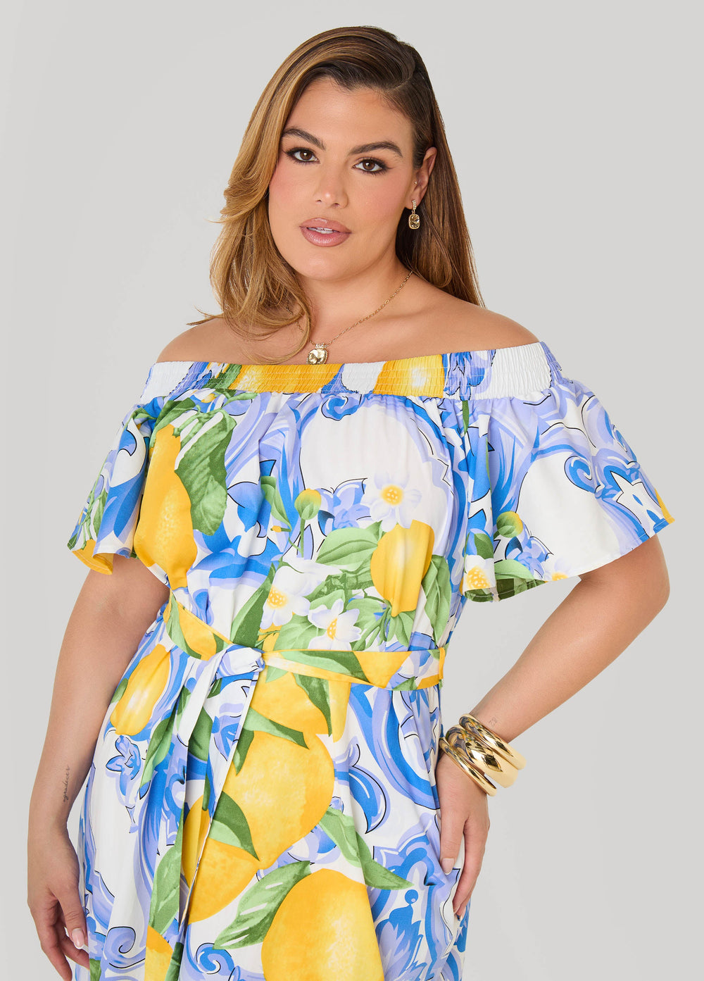 Off The Shoulder Lemon Print Dress Victoria Blue | Ashley Stewart