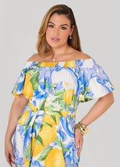 Off The Shoulder Lemon Print Dress Victoria Blue | Ashley Stewart