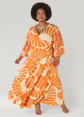 Pleated Sleeve Tropical Wrap Dress Persimmon Orange | Ashley Stewart