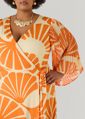 Pleated Sleeve Tropical Wrap Dress Persimmon Orange | Ashley Stewart