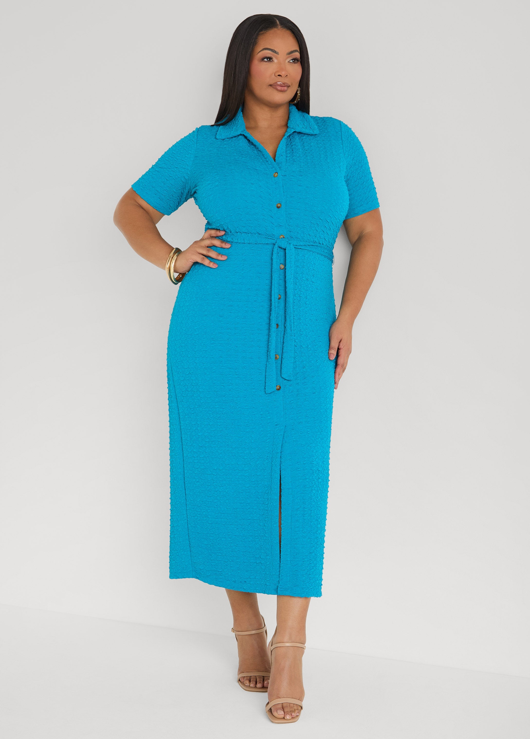 Textured Maxi Shirtdress Caribbean Sea | Ashley Stewart