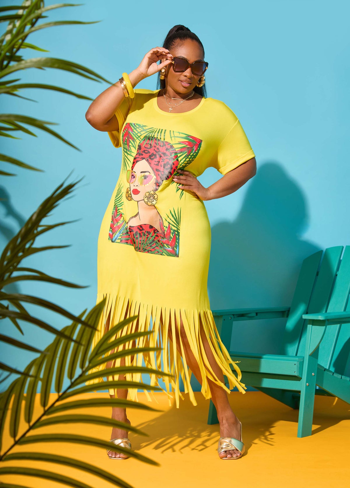 Tropical Fringed T Shirt Dress Primrose Yellow | Ashley Stewart