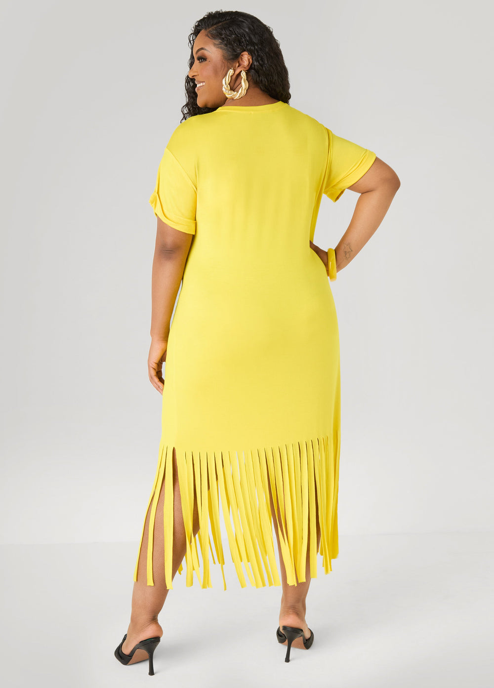 Tropical Fringed T Shirt Dress Primrose Yellow | Ashley Stewart