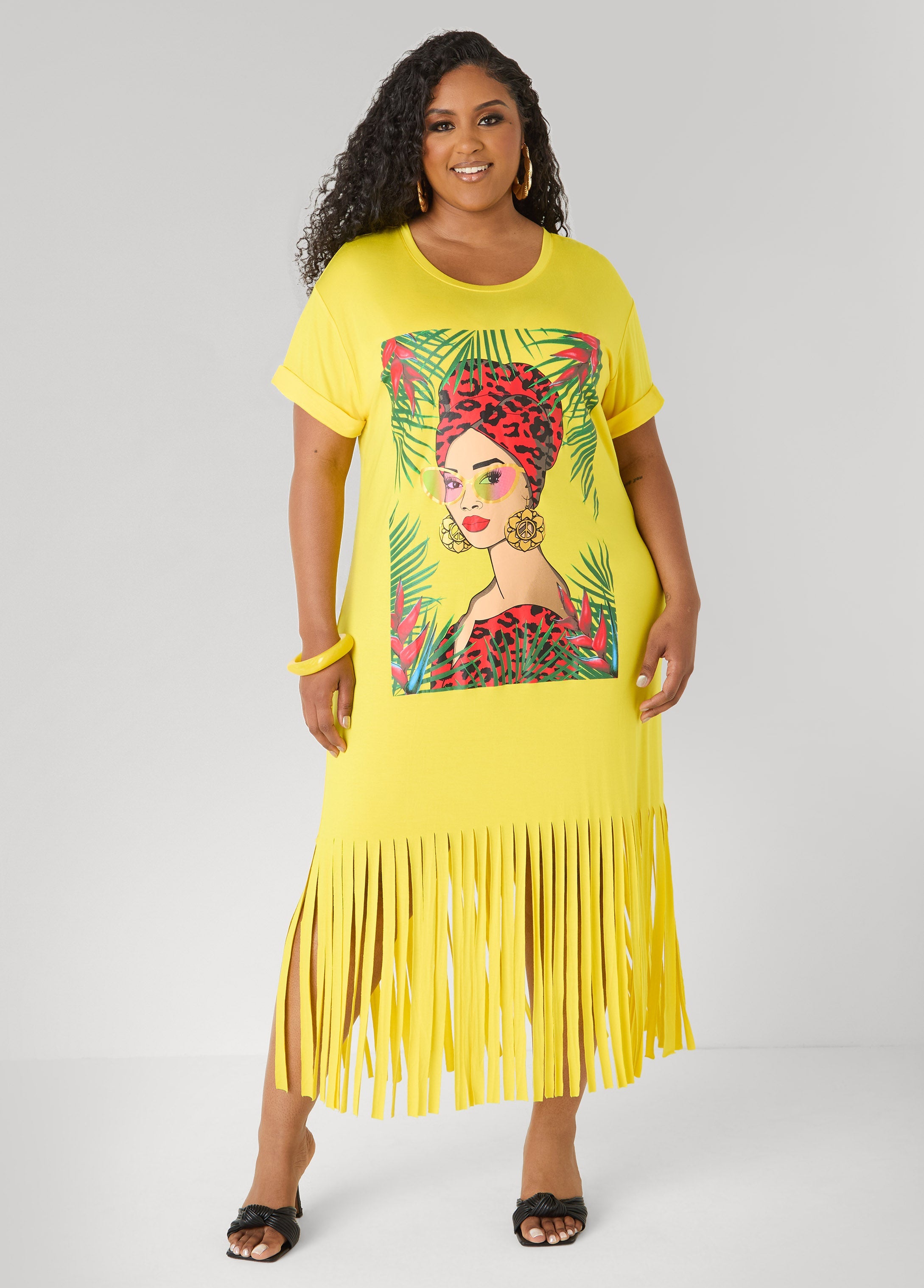 Tropical Fringed T Shirt Dress Primrose Yellow | Ashley Stewart