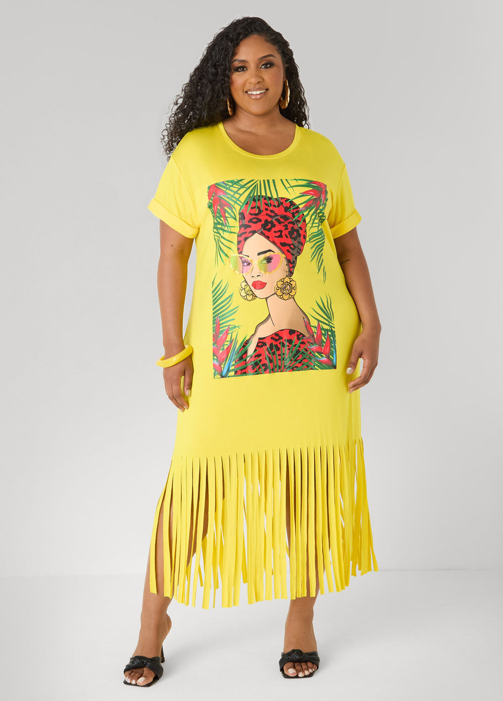 Tropical Fringed T Shirt Dress Primrose Yellow | Ashley Stewart