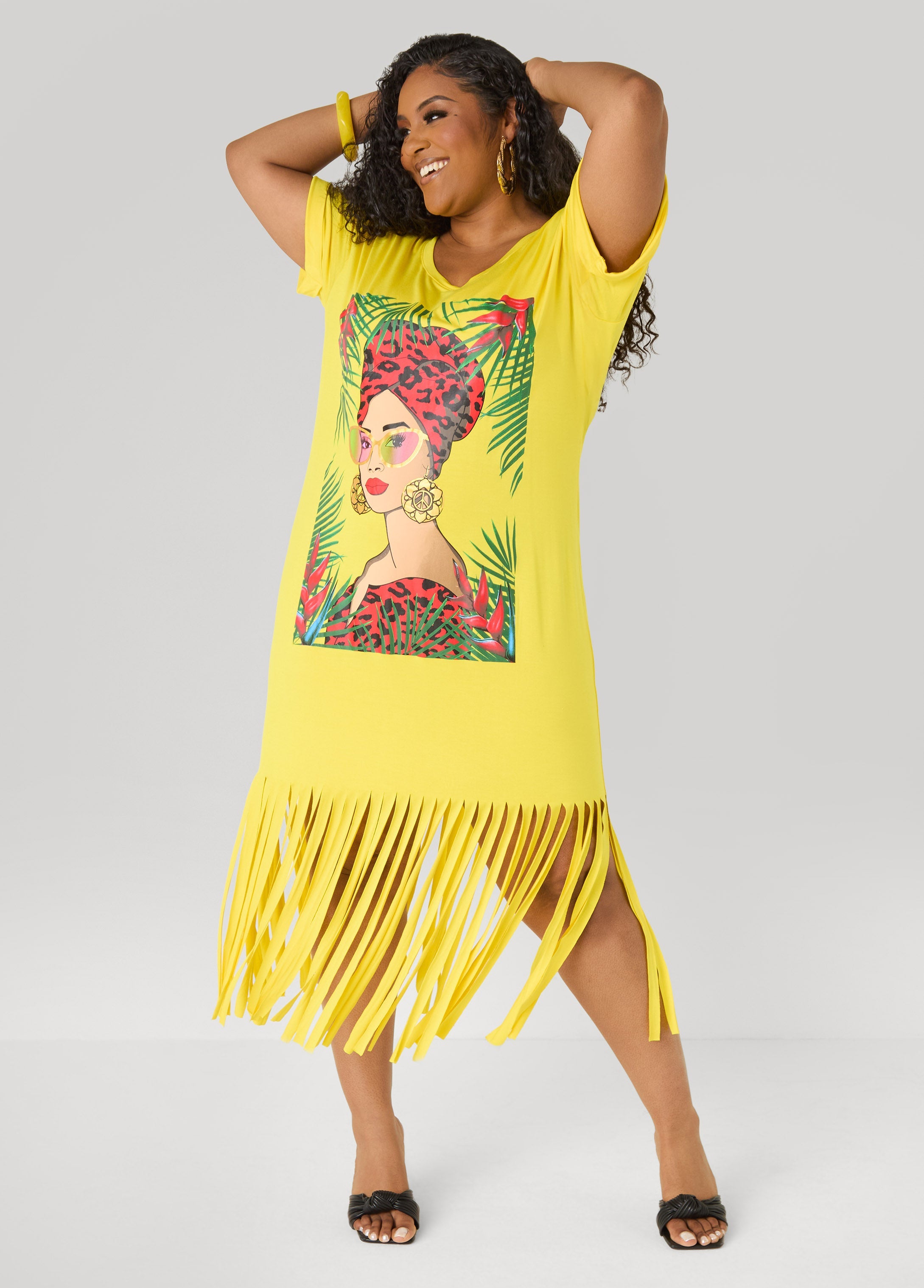 Tropical Fringed T Shirt Dress Primrose Yellow | Ashley Stewart