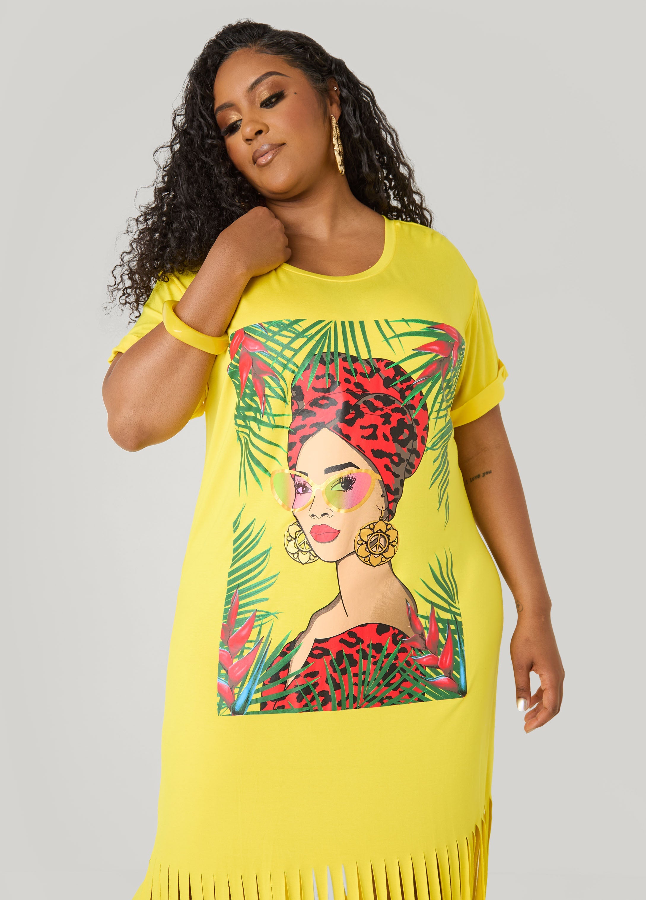 Tropical Fringed T Shirt Dress Primrose Yellow | Ashley Stewart