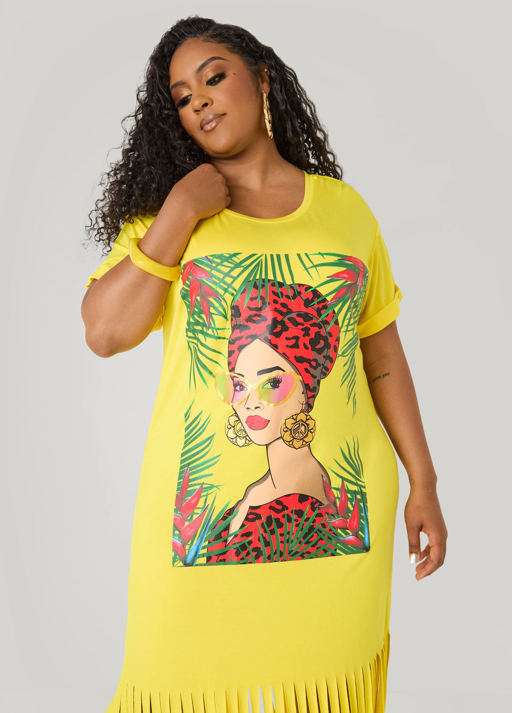 Tropical Fringed T Shirt Dress Primrose Yellow | Ashley Stewart