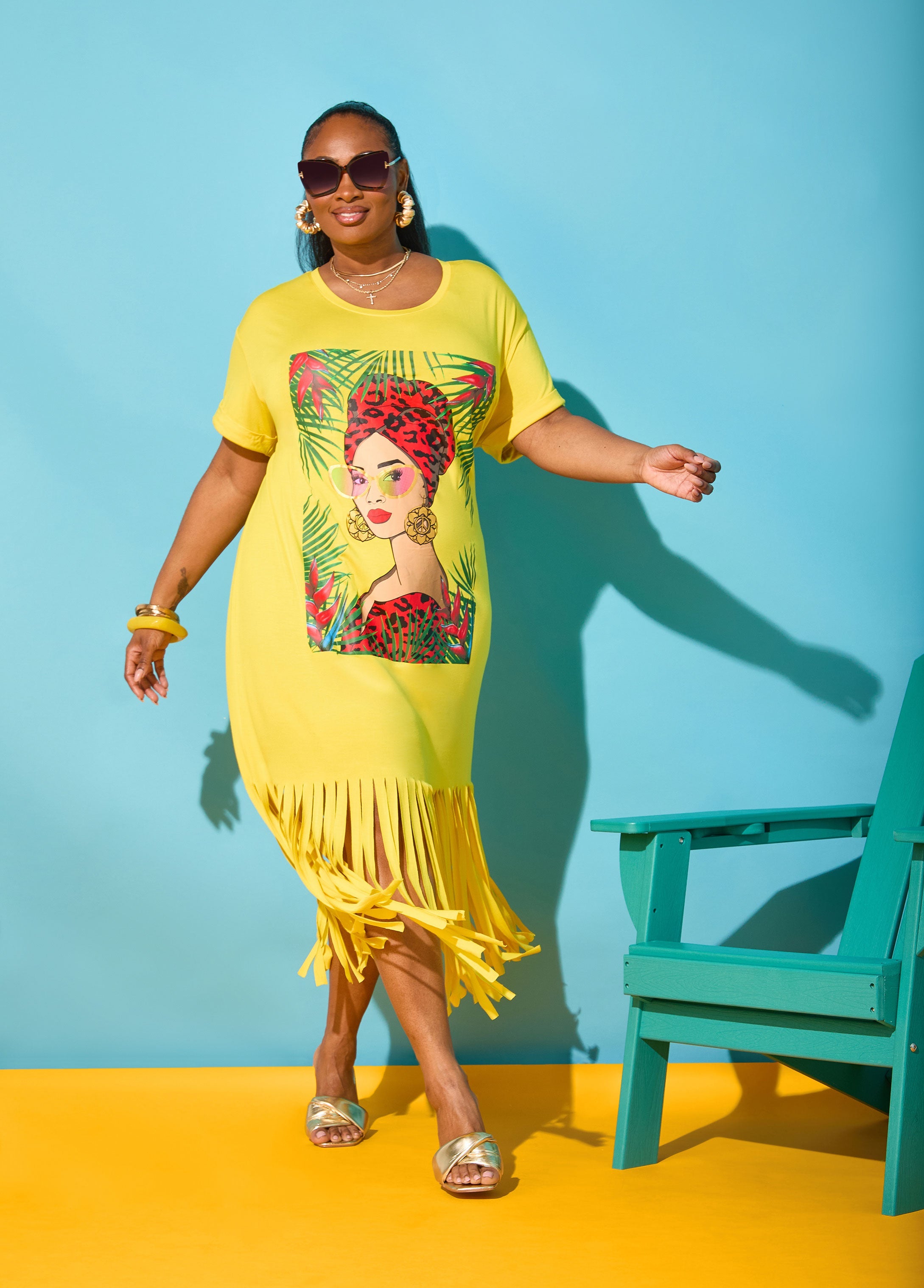 Tropical Fringed T Shirt Dress Primrose Yellow | Ashley Stewart