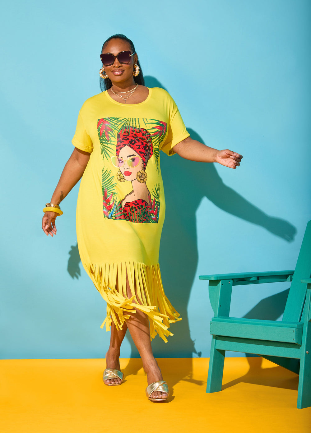 Tropical Fringed T Shirt Dress Primrose Yellow | Ashley Stewart