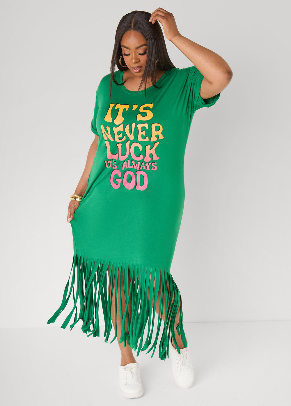 Always God Fringed T Shirt Dress Amazon | Ashley Stewart