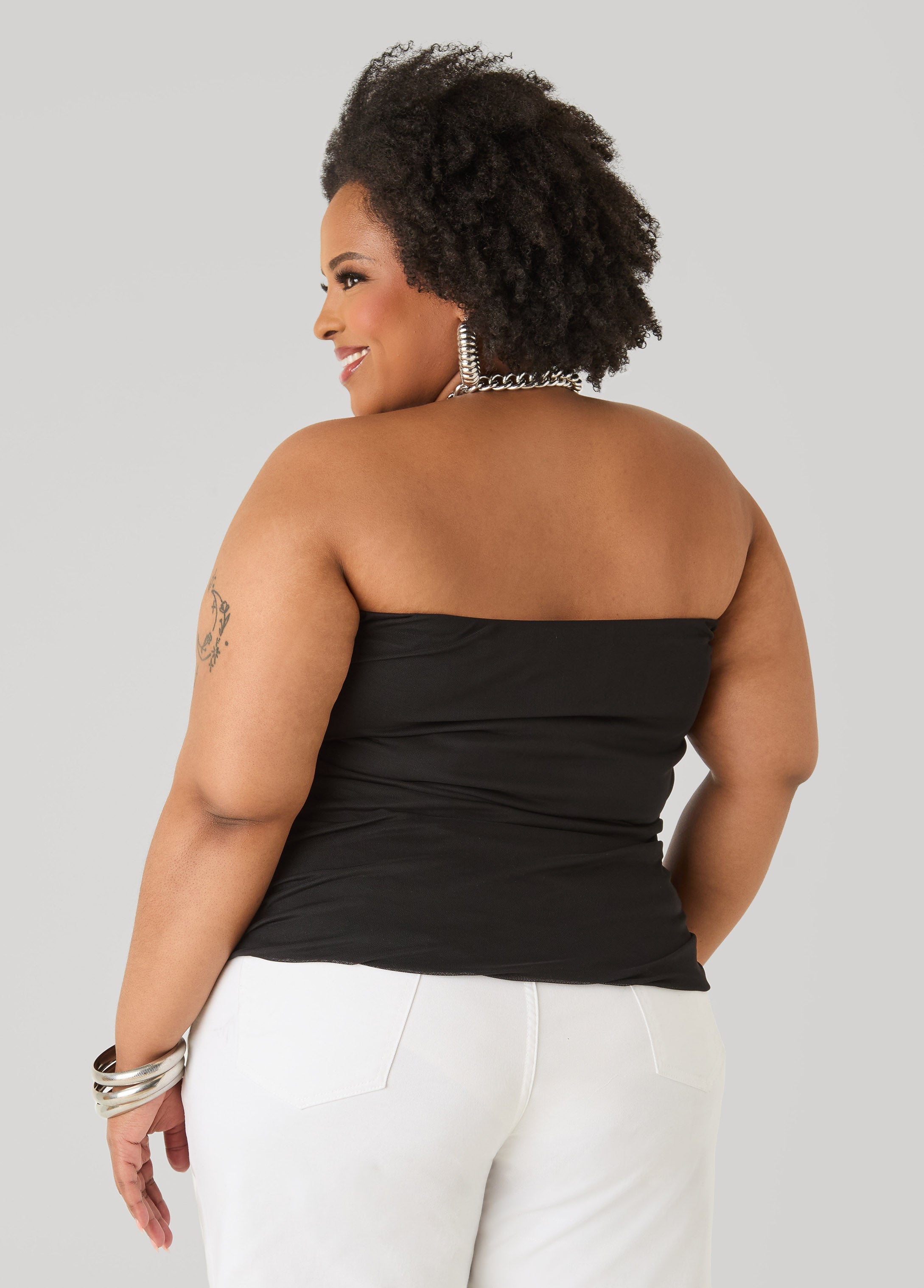 Ruched Mesh Tube Top Black | Ashley Stewart