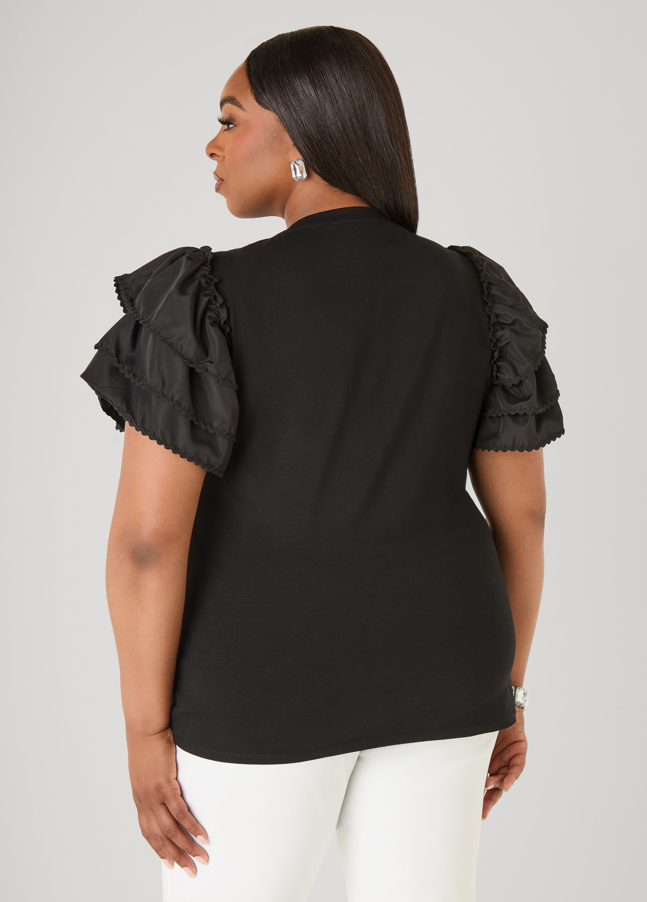 Ruffled Embellished Jersey Tee Black | Ashley Stewart