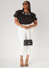 Ruffled Embellished Jersey Tee Black | Ashley Stewart