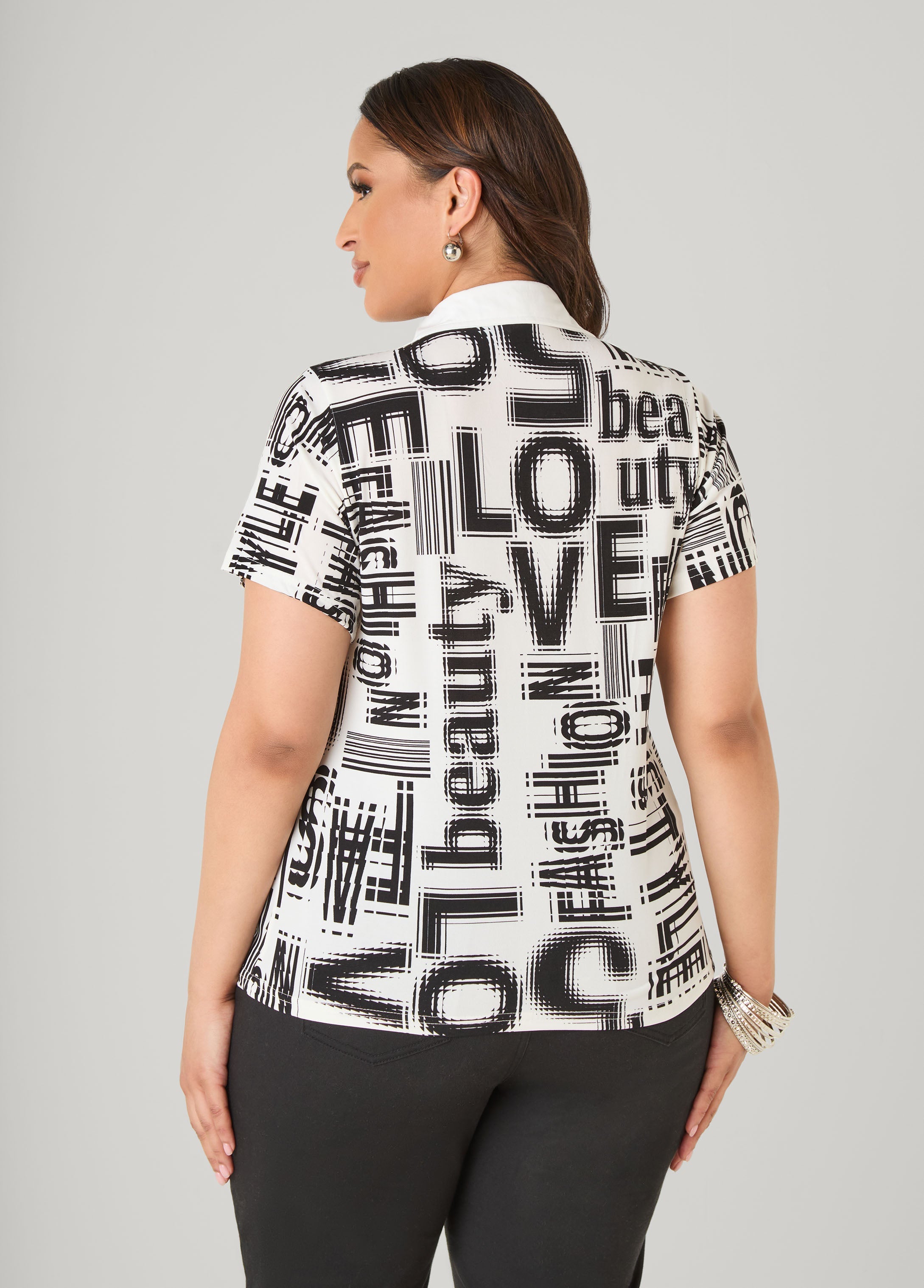 Love Fashion Print Shirt Black White | Ashley Stewart