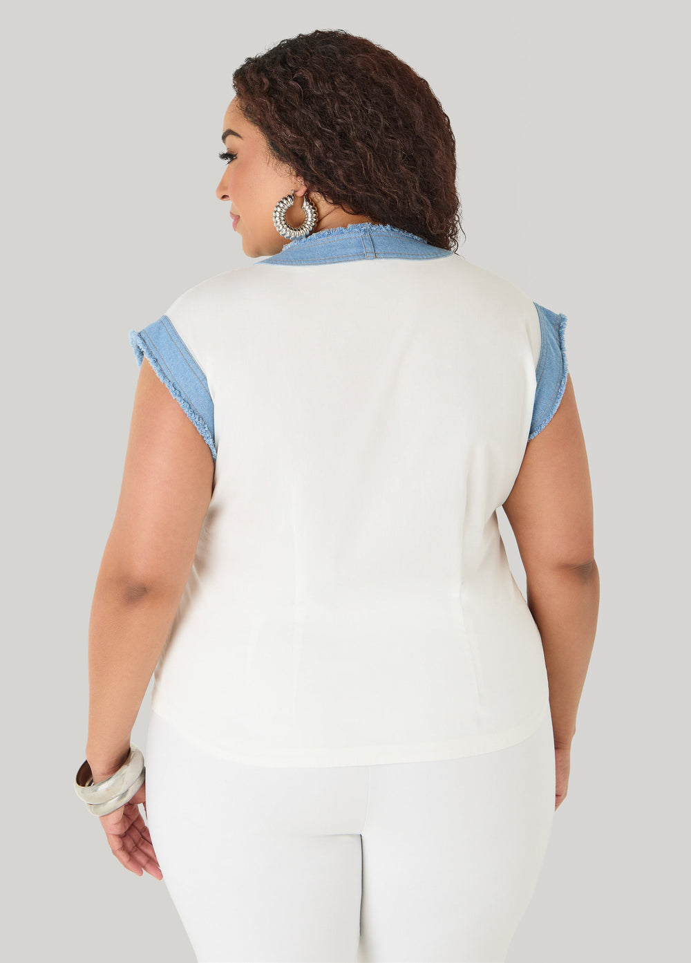 Denim Trimmed Cotton Shirt White | Ashley Stewart