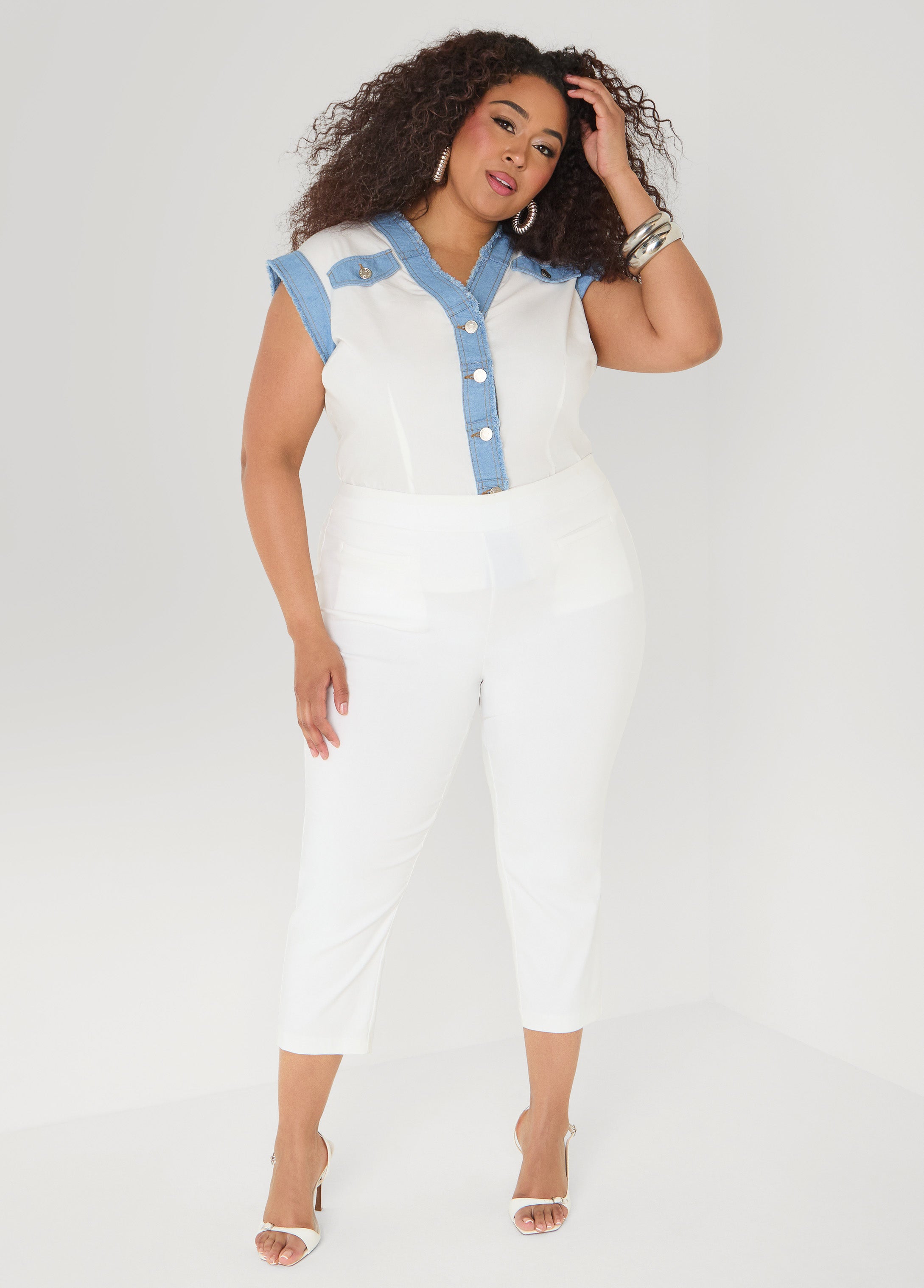 Denim Trimmed Cotton Shirt White | Ashley Stewart